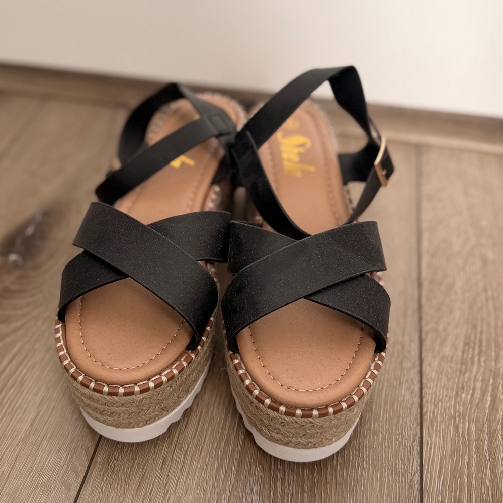 SHEFIT Black Crisscross Espadrille Wedge Sandals